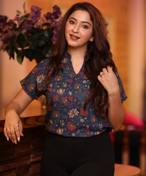 Front Open Mandarin Collar Navy Top